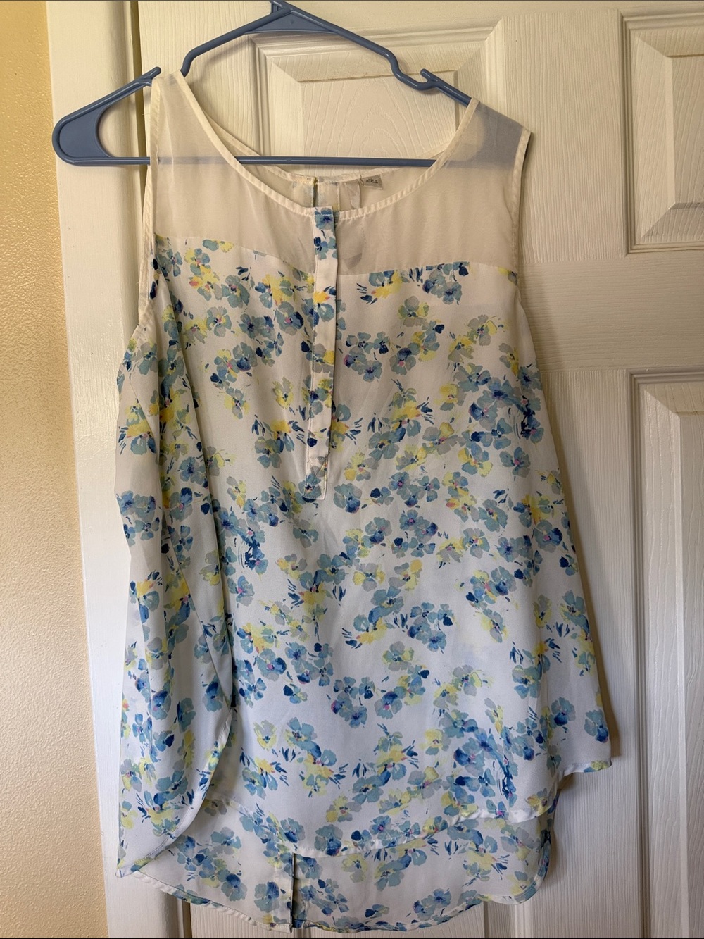 LC Lauren Conrad White Floral Sheer Yoke Camisole with Blue & Yellow Flowers